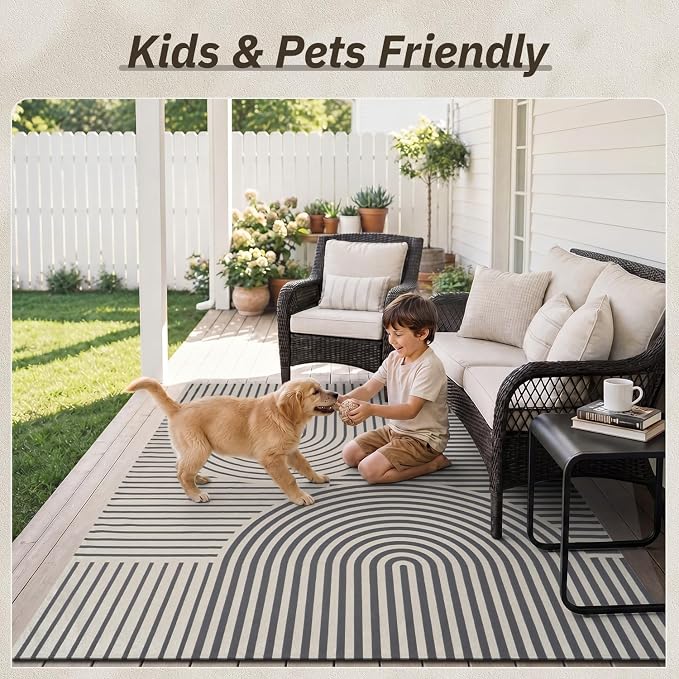 AMOAMI Outdoor Rug Patio Rug 6x9 ft Quick Dry Flatweave Textured Machine Washable Outdoor Carpet with Rubber Particles Backing Boho Outdoor Area Rug for Patio Deck Front Porch Balcony Greyish Black