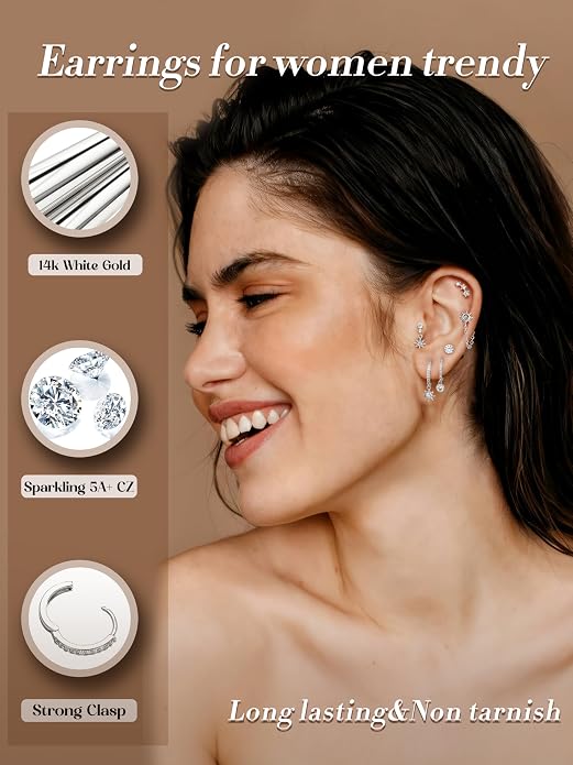 Dochais Flat Back Cartilage Earrings for Women Trendy Dainty CZ Flatback Studs Earing Sets 14k Gold Plated Hypoallergenic Huggie Hoops Earring Stacks for Multiple Piercing