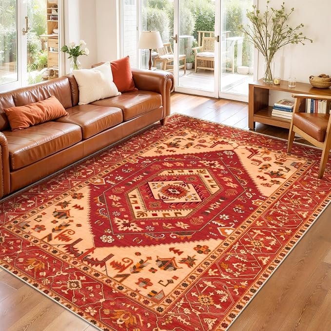 SERISSA Area Rug 3x5 Boho Rugs for Bedroom, Washable Non-Slip Living Room Rug, Ultra Soft Print Distressed Vintage Red Rug Low-Pile Throw Carpet for Entry Kitchen Bedroom Nursery Dorm Decor