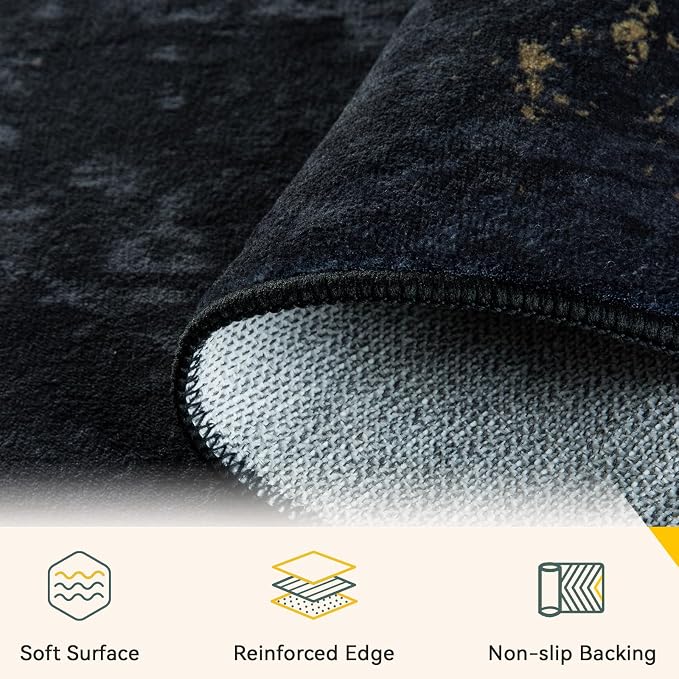 RELEANY Washable Area Rugs 6'x9' Non-Slip Modern Abstract Soft for Living Room Entryway Bedroom Kitchen, Print Pattern, Dark Black Gold
