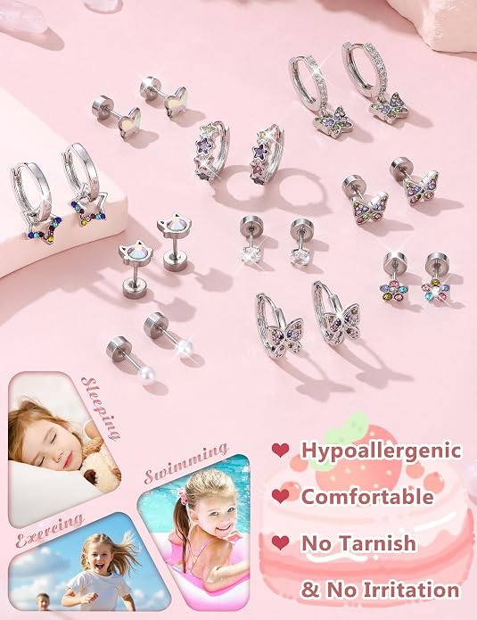 LOYALLOOK 14Pairs Hypoallergenic Screwback Earrings for Women Girls Tiny CZ Pearl Ball Heart Flower Screw Back Earring Studs 316L Stainless Steel Stud Earrings Flatback 20G Over 3 Years Old