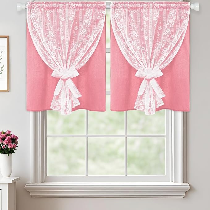 ASPMIZ Pink Kitchen Curtains Double Layer Curtains with Linen Lace, Linen Kitchen Window Curtain 36 inch Length, Farmhouse Tier Curtain with 2 Tiebacks, Rod Pocket Window Treatments for Cafe Bathroom