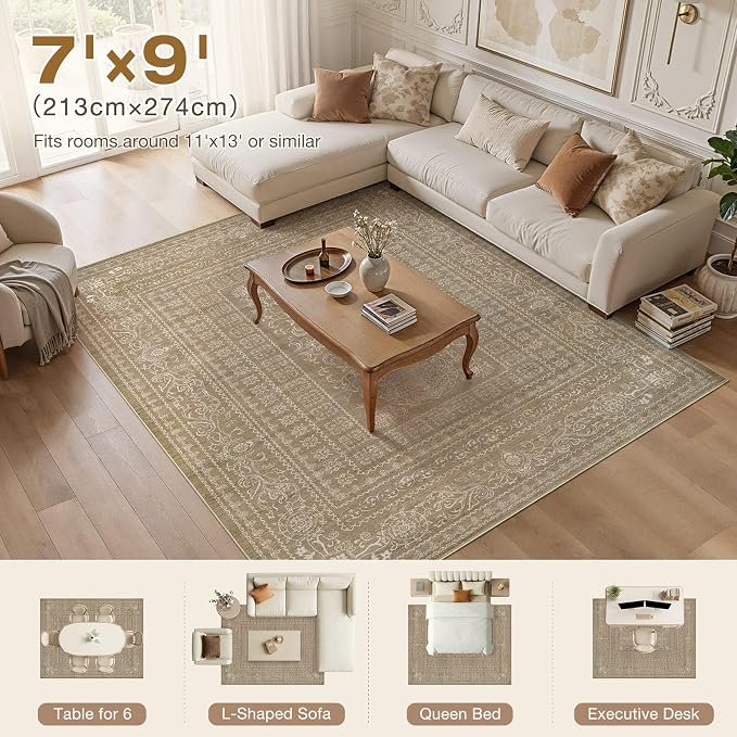 Nakagishi 7x9 Area Rugs Living Room: Washable Large Vintage Rug Neutral Non-Slip Soft Stain Resistant Indoor Carpet for Bedroom Nursery Dining Room Office Playroom - Dark Brown