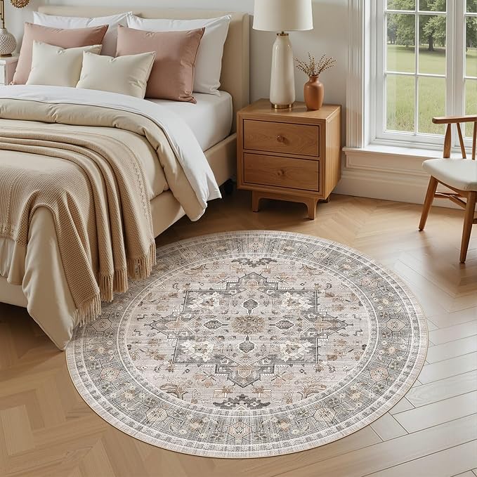 6ft Round Area Rug: Washable Vintage Neutral Soft Non Slip Thin Large Floor Carpet for Living Room Bedroom Kitchen Dining Room Home Office Farmhouse Indoor - Taupe
