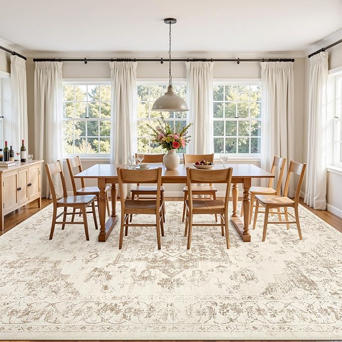4x6 Area Rugs for Living Room: Vintage Boho Neutral Washable Rug Indoor Soft Large Area Rug Carpet for Bedroom Nursery Farmhouse Dining Room Office Floor Non-Slip Low Pile Under Table Rug Beige/Ivory