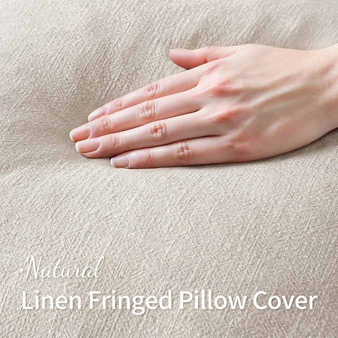 MIULEE Decorative Throw Pillow Covers Neutral Linen Fringe Throw Pillows Set of 2 Natural Beige Boho Farmhouse Cushion Covers with Tassels for Couch Sofa Bed Living Room Spring Decor 16x16 Inch