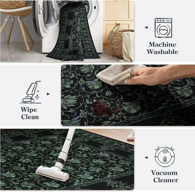 Lahome Black Kitchen Runner 2.5x8, Machine Washable Runners for Hallways, Vintage Floral Carpet Runners for Bedroom Laundry Room High Traffic (2'6"x8', Black/Green)