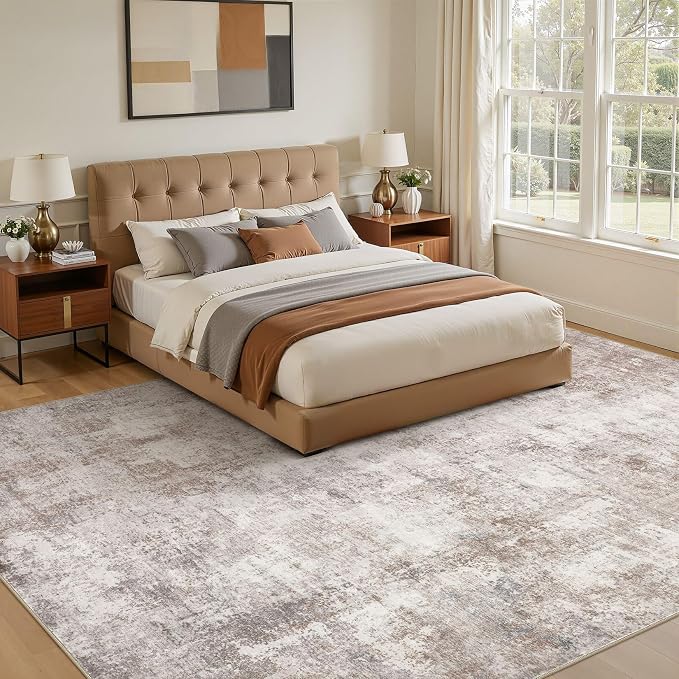 8x10 Area Rugs for Living Room, Washable Non Slip Large Area Rug | Neutral Modern Abstract Carpet, Stain Resistant Soft Low Pile, Made for Dining Room, Bedroom, Nursery, Home Office - Brown