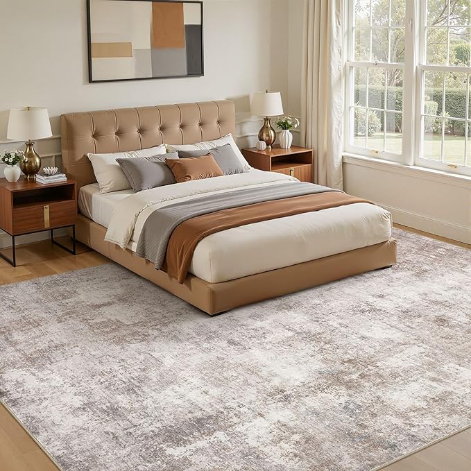 9x12 Area Rugs for Living Room, Washable Non Slip Bedroom Carpet | Neutral Modern Abstract Large Area Rug, Soft Low Pile Lightweight Made for Dining Room, Nursery, Home Office Decor - Brown