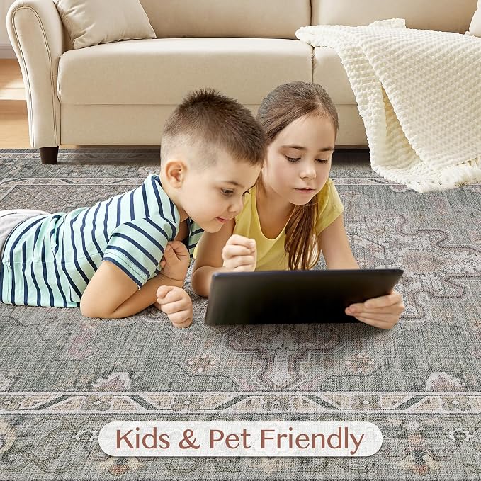 Tortania Area Rug Living Room Rugs - 7x9 Washable Boho Rug Vintage Oriental Distressed Farmhouse Large Thin Indoor Carpet for Living Room Bedroom Under Dining Table Home Office - Green Gray