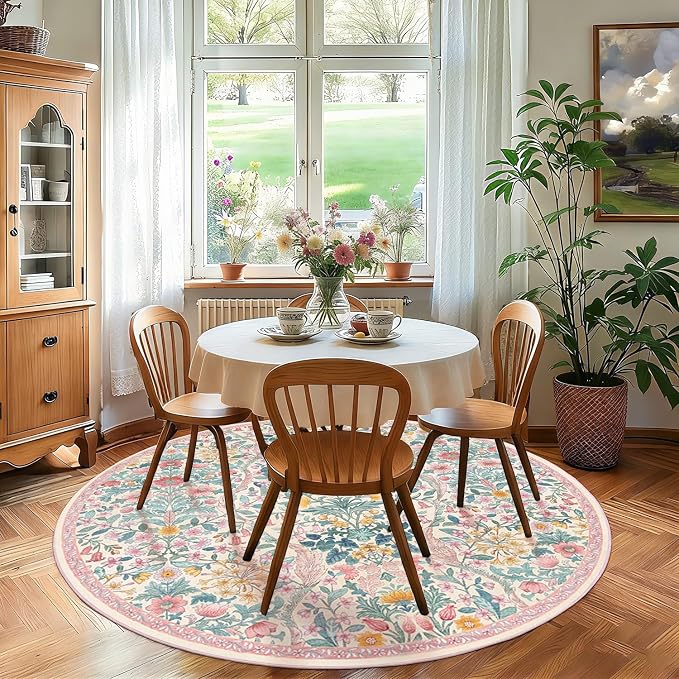 Round Rug 6ft Light Pink Washable Floral Circle Rug,Vintage Boho Botanical Round Area Rugs, Non-Slip Soft Low-Pile Circular Carpet for Girls Bedroom,Kids Room,College Dorm,Home Decor
