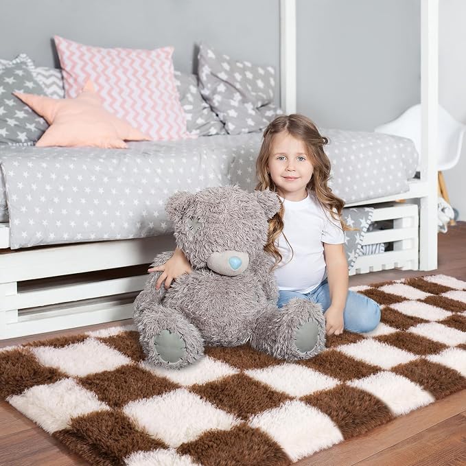 Pionblank Checkered Rug for Bedroom 2x6, Fluffy Runner Rugs for Living Room, Super Soft Shaggy Bedside Carpet for Kids Room Nursery Teens Dorm Decor, Brown and Cream White