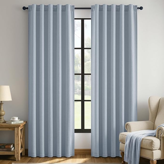 MIULEE Thick Linen Curtains, 42Wx72L, Light Blue Semi Sheer Linen Textured | Light Filtering Window Privacy Drapes with Back Tab Rod Pocket for Farmhouse/Living Room/Bedroom, Set of 2