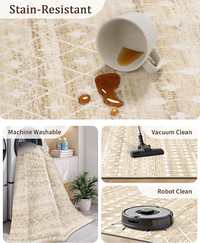 Miukiki 6x9 Area Rug for Living Room Moroccan Washable Rugs Non Slip Indoor Floor Carpet Foldable Large Soft Area Rug for Dining Room Bedroom with Low Pile(Beige,6'x9')