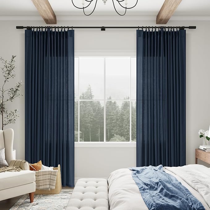 Aersas Denim Blue Pinch Pleated Linen Curtains 102 Inch Length 2 Panels for Living Room Bedroom Semi Sheer Window Curtain Boho Neutral Back Tab Pinch Pleat Drape with Hooks 40x102