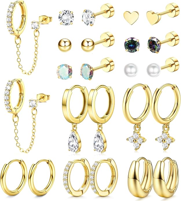 Incaton Hypoallergenic Flat Back Earrings for Women 14K Gold Stainless Steel Earrings for Sensitive Ears 20G Cartilage Earring Stacks Huggie Hoops Flatback Stud Earring Sets for Multiple Piercing Silver