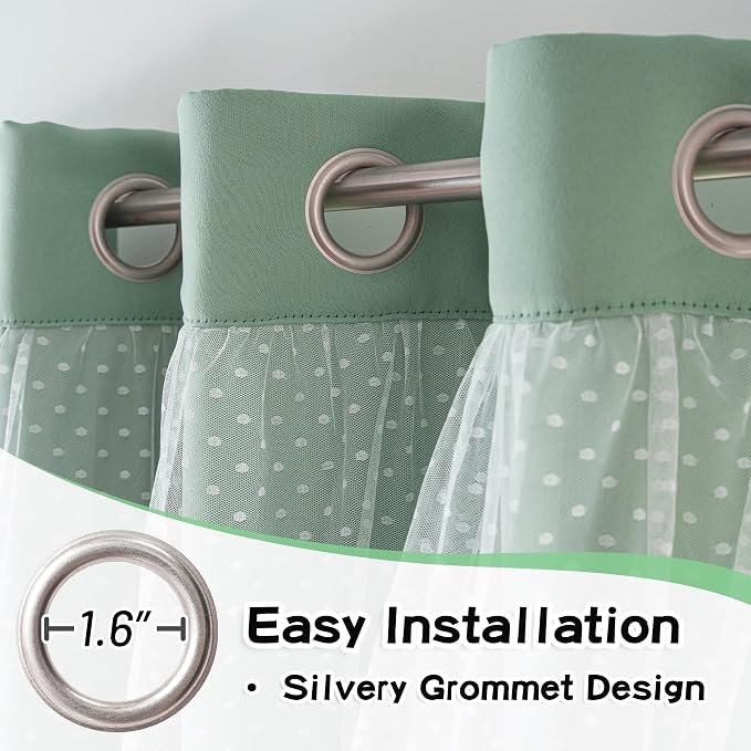 MYSKY HOME Curtains for Girls Bedroom & Nursery Kids Green Cute Curtains Double Layer with Polka Dots Sheer, Grommet Tops, 52x84 Inch Each Panel, 2 Panels