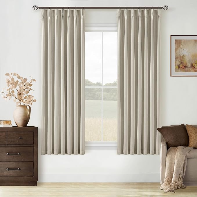 Oatmeal Beige 100% Blackout Pinch Pleated Linen 63 Inch Curtains with Liner | Memory Trained, Thermal Insulated, Heat Blocking, Black Out Curtains for Small Window Dining Room Bedroom 2 Panels W40xL63