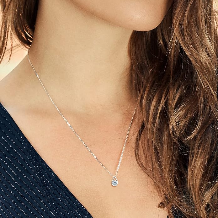 Gem Stone King Teardrop Pendant Necklace For Women | 5MM Round Gemstone Birthstone | 925 Sterling Silver | With 18 Inch Silver Chain | Fine Jewelry Gift for Her Mom Women Wife