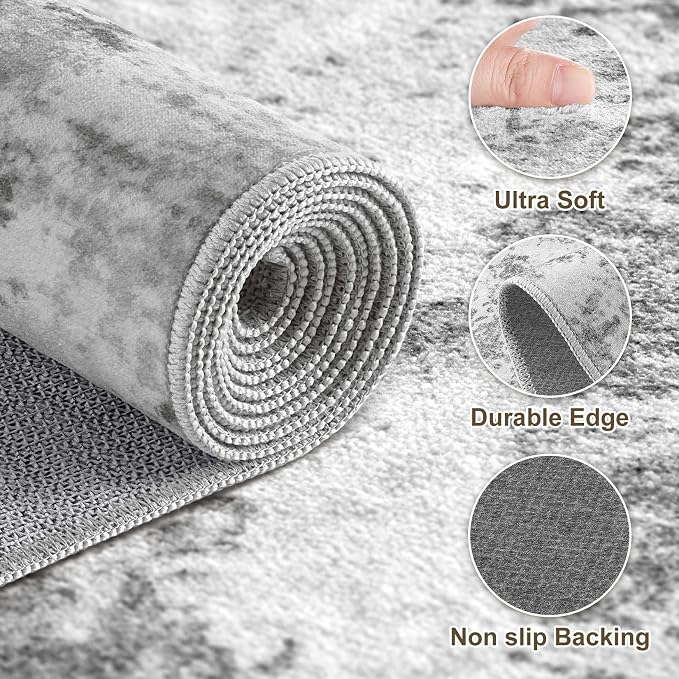 Machine Washable Runner Rug 2x6, Non Slip Soft Rug for Hallway | Modern Abstract Carpet, Stain Resistant and Kid & Pet Friendly, Joint-Friendly Indoor Rug, Made for Kitchen, Bathroom - Gray