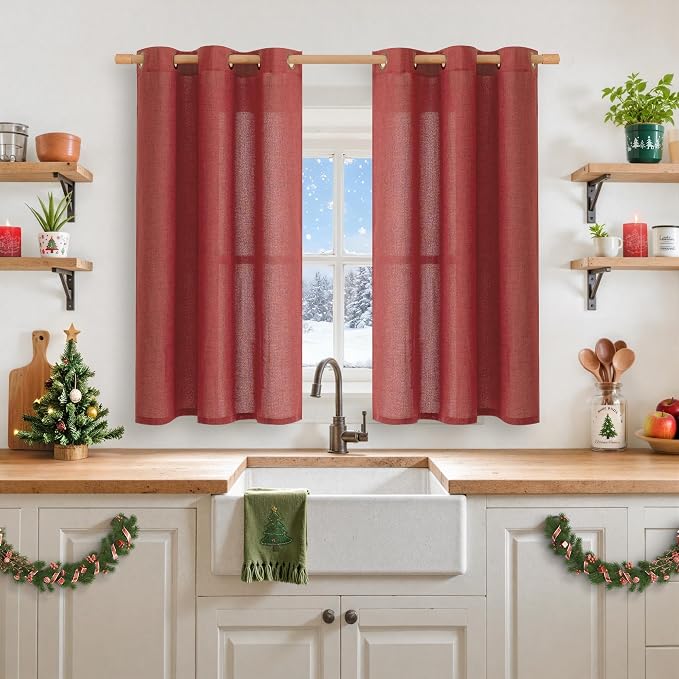 YoungsTex Burgundy Red Linen Curtains 54 Inch Length for Living Room, Light Filtering Window Drapes Semi Sheer with Bronze Grommet Privacy for Bedroom Living Room, 42 x 54 Inch, 2 Panels