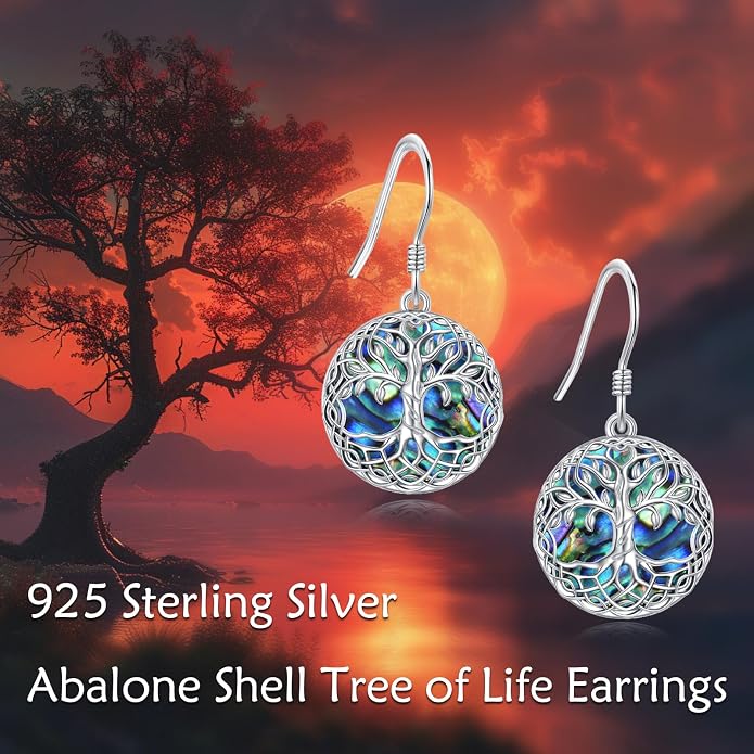 VONALA Tree of Life Earrings 925 Sterling Silver Celtic Tree Abalone Shell Leverback Drop Dangling Earrings Birthday Anniversary Christmas Jewelry Gifts for Women