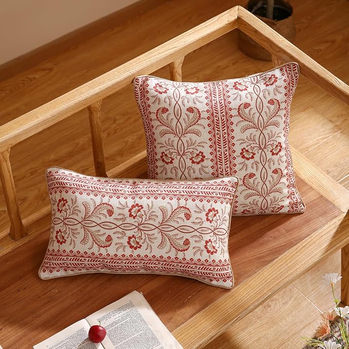 ISAENNE Designer Linen Throw Pillow Cover,Set of 2,20"x12"-Chamonix A | Vintage Elegant Rectangle Pillow Cover,Concealed Zipper Design,Floral Pattern,Sofas,Bedroom,Living Room,Lounge Chairs