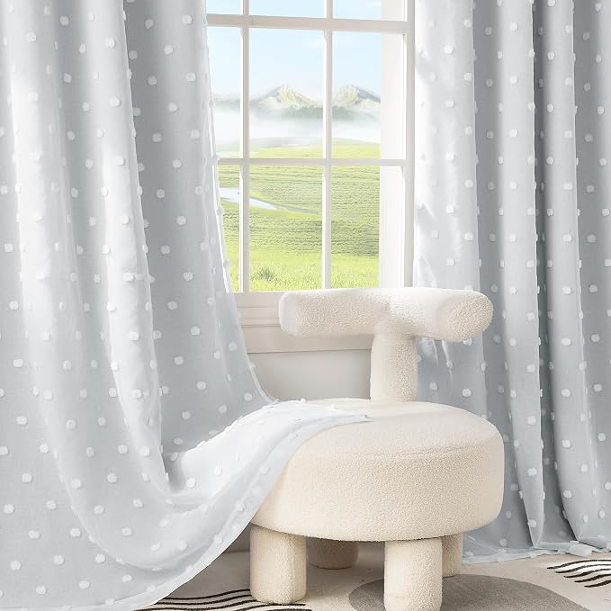 PONY DANCE White Curtains for Living Room 96 Inches Long, Thermal Insulated Room Darkening Curtains with Pom Pom Sheer, Double Layer Curtain for Girls' Bedroom, 52W x 96L, White, 2 Panels