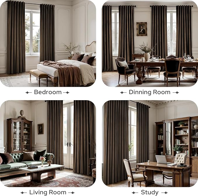 HOMEIDEAS 100% Blackout Brown Velvet Curtains, Thermal Noise Reduction Soft Luxury Vintage Christmas Velvet Curtains for Bedroom Decor, Living Room, Home, 52 X 96 Inch, 2 Panels