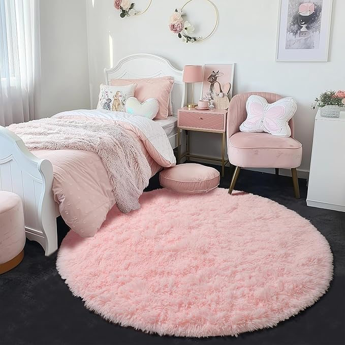 Amdrebio Light Pink Small Cute Round Rug 3Ft for Girls Bedroom, Fluffy Circle Area Rugs for Kids Room Decor, Shag Fuzzy Thick Fur Carpet for Nursery Dorm Classroom Playroom Teen Toddler Baby Corner