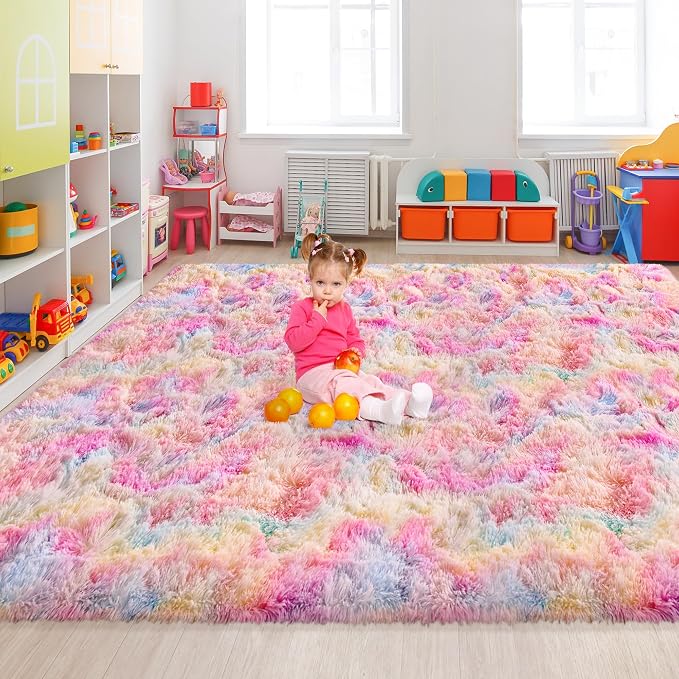 Soft Fluffy Area Rug 8x10 Plush Rainbow Rugs for Girls Bedroom Shaggy Carpet Kawaii Unicorn Rug for Living Room Fuzzy Nursery Rug for Baby's Toddler's Room Cute Colorful Room Decor for Kids