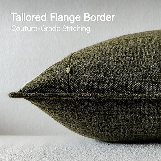 a moment Linen Pillow Covers Set of 2,Boho Farmhouse Throw Pillowcases Neutral Textured Decorative Covers for Couch Sofa,Linen Blend Accent Case Cushion Living Room Home Decor 20"x20"Dark Green