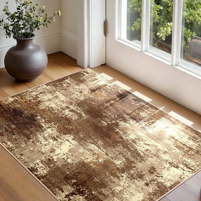 RELEANY Washable Area Rugs 3'x5' Non-Slip Modern Abstract Soft for Living Room Entryway Bedroom Kitchen, Print Pattern, Brown Tan Beige Coffee