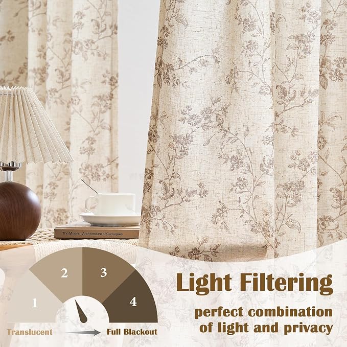 Lazzzy Taupe Floral Linen Curtains 90 Inch Farmhouse Back Tab Drapes for Living Room Bedroom Light Filtering Vintage Grandmillennial Rod Pocket Curtains, 2 Panels, W38 x L90, Taupe on Beige