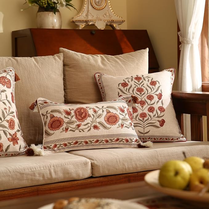 ISAENNE Designer French Linen Throw Pillow Cover,Set of 2,20"x12"-Albano C | Elegant Rectangle Pillow Cover,Concealed Zipper Design,Floral Pattern,Sofas,Bedroom,Living Room,Lounge Chairs,Decor