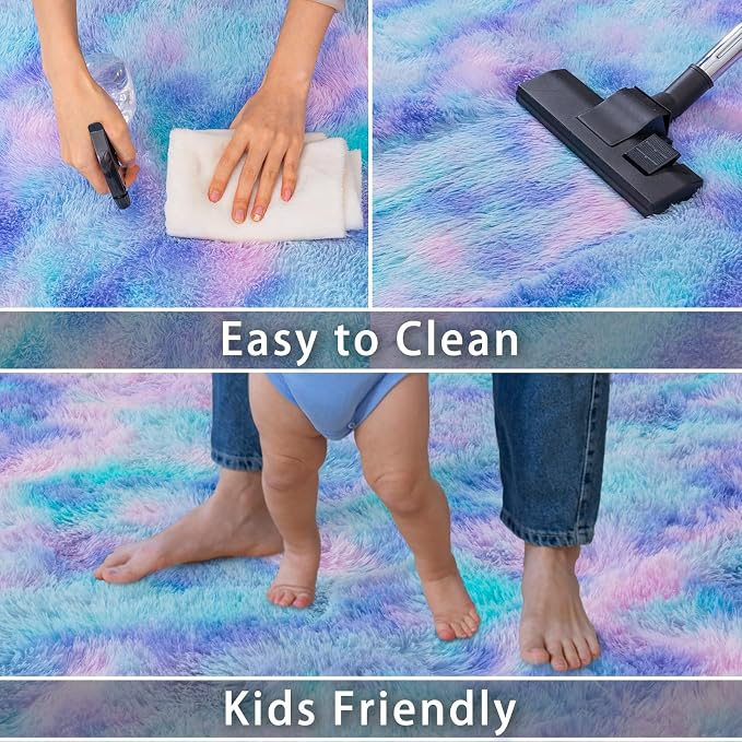 Dssimo Cute Furry Purple Rainbow Rugs for Bedroom Girls Room Decor | Upgrade Non-Slip Large 8x10 Area Rugs for Kid Room, Playroom Nursery Dorm Home Decor, Plush Mermaid Kawaii Rug Fluffy Carpet