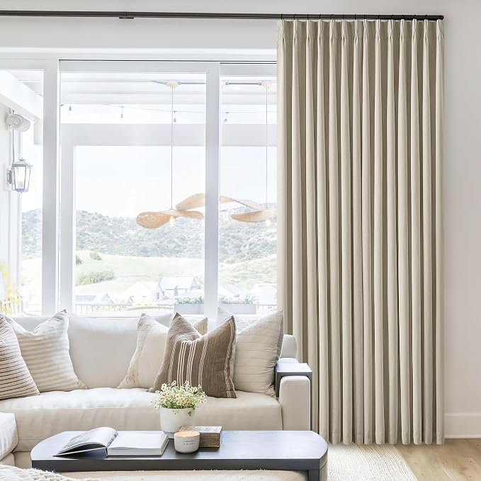 Burlywood Birch 100% Blackout Pinch Pleated Linen Curtains 94 Inches Long | Insulated Thermal Heat Reducing, Memory Shape, for Bedroom Living Room, Taupe Pleated Curtains with Hooks Rings, 2 Panels
