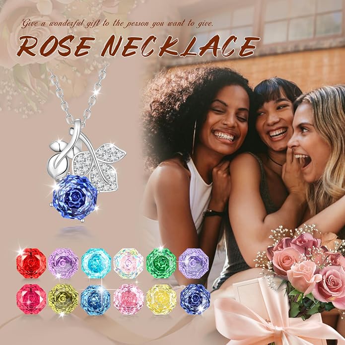 Aurora Tears Birthstone Rose Pendant Necklace - 925 Sterling Silver Rose Cut Cubic Zirconia Flower Leaf Necklace Anniversary Birthday Jewelry Gift for Women Wife Mom Daughter