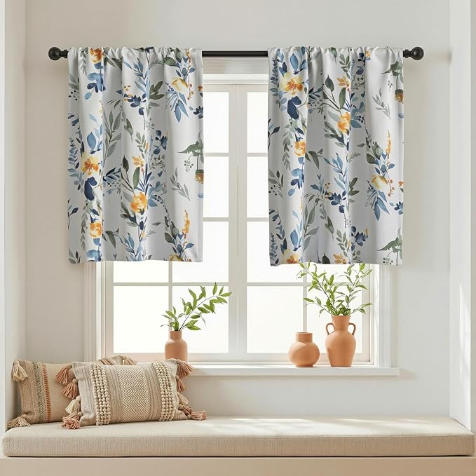 MYSKY HOME Floral Kitchen Tier Cafe Curtains 24 Inch Length 2 Panels Privacy Small Window Treatments Rod Pocket for Bathroom Basement, Yellow and Blue, 30 inch Wide