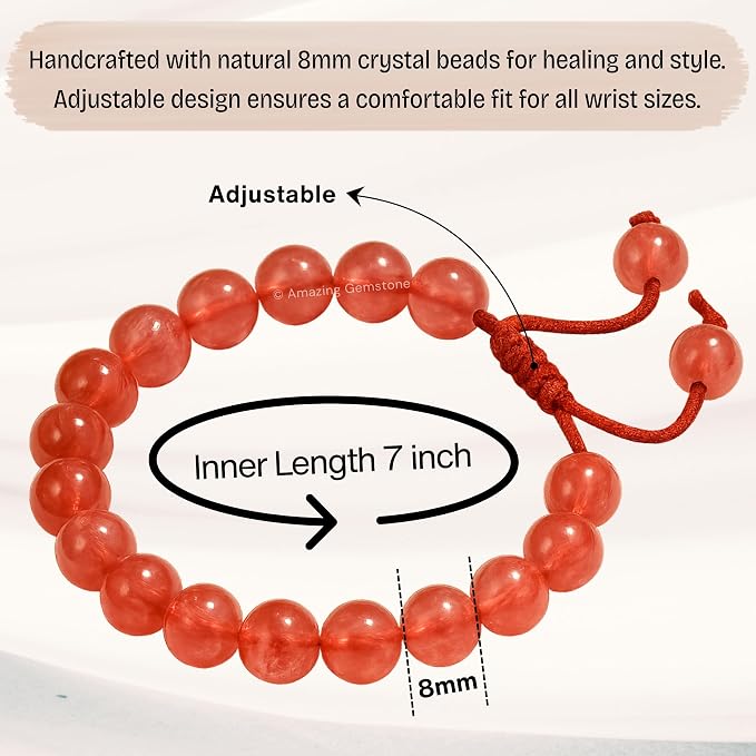 Amazing Gemstone Cherry Quartz Bracelet, Gifts for Men & Women - Protection Healing Crystal Bracelet - 8mm Gemstone Beaded Adjustable Bracelet, Pulseras para Hombres Mujer Stocking Stuffers