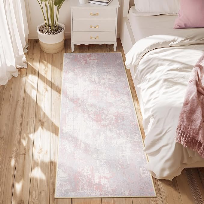 RELEANY Washable Area Rugs 2'x8' Non-Slip Modern Abstract Soft for Living Room Entryway Bedroom Kitchen, Print Pattern, Grey Pink