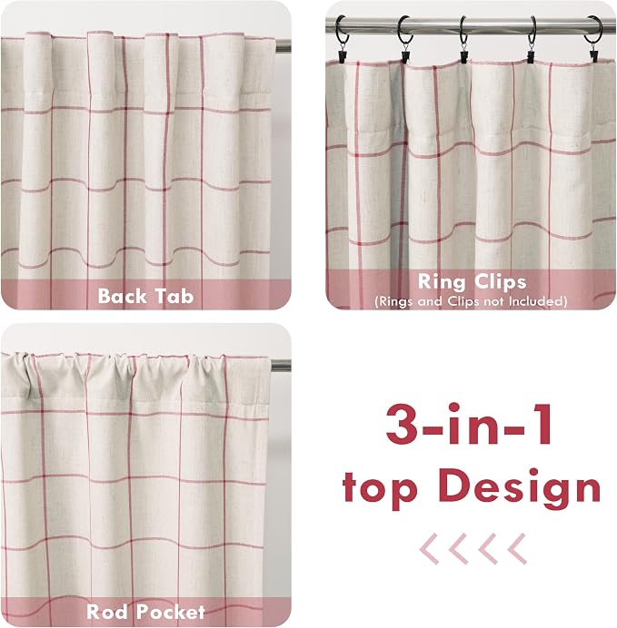 DriftAway 100% Blackout Plaid Linen Curtains 96 Inches Long 2 Panels Red | 100% Blackout, Linen Texture, Plaid Pattern, Two Layers, Rod Pocket & Back Tab, Bedroom Living Room Use, Luxury Appearance