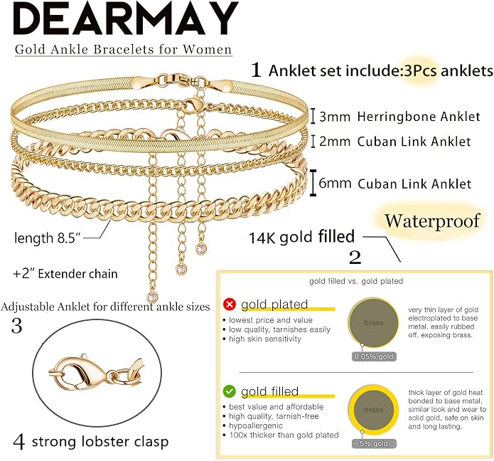 DEARMAY Gold Anklets for Women Waterproof, Non Tarnish14K Gold Plated Ankle Bracelets Set Stack, Summer Beach Jewelry Gifts for Vacation, Bikini Outfits for Women Mom Her