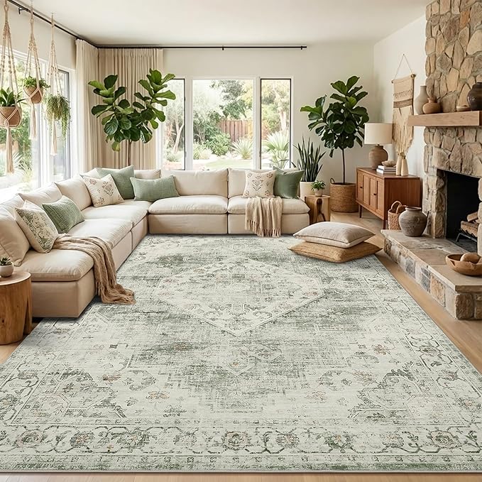 Garvee Sage Green 8x10 Area Rugs for Living Room, Boho Vintage Non-Slip Washable Rug Low Pile Stain Resistant Soft Foldable Large Carpet for Bedroom Dining Home Decor