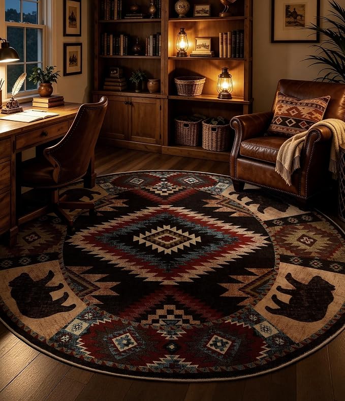 YIHOUSE Southwestern Round Rug 6ft, Low Pile Soft Circle Area Rug with Non-Slip Backing, Western Rustic Washable Rugs for Living Room, Bedroom