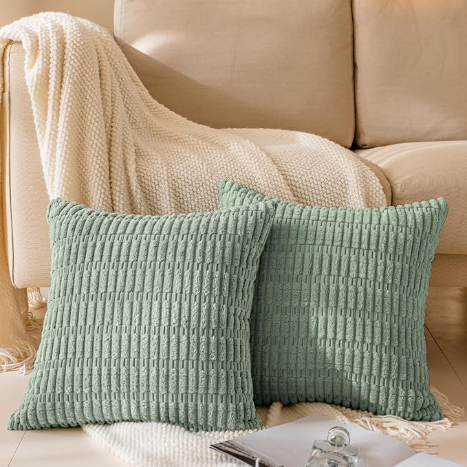 Softalker Throw Pillow Covers 16x16 Inch, Set of 4, Corduroy Soft Striped Farmhouse Boho Pillow Cover, Modern Decorative Cushion Pillow Case for Couch Sofa Bedroom Living Room, Sage Green