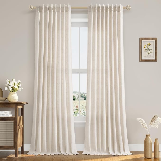 Aersas Natural Pinch Pleat Linen Curtains 118 Inch Length 2 Panels Set for Bedroom Dining Room Semi Sheer Linen Boho Farmhouse Neutral Window Curtains for Living Room Nursery Natural Cream 50x118