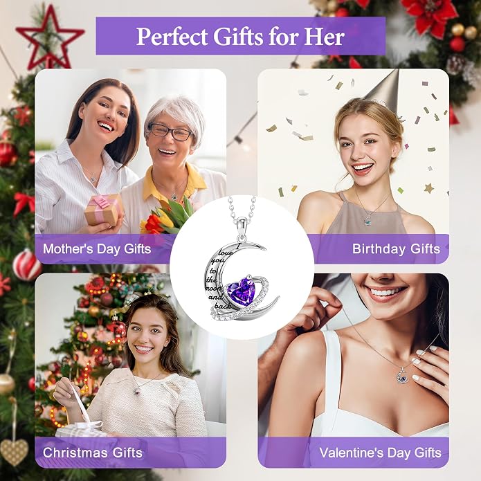 Distance I Love You to The Moon and Back Necklace for Women, S925 Sterling Silver Forever Love Heart Birthstone Necklace, Anniversary Birthday Jewelry for Wife Lover