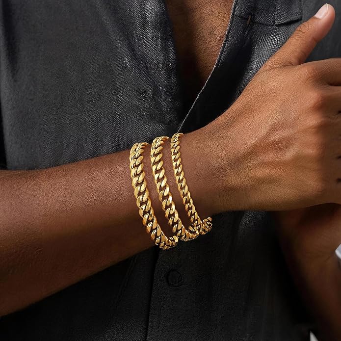 Fiusem Mens 14K Gold Plated Bracelets for Men, Stainless Steel Cuban link Bracelet for Men