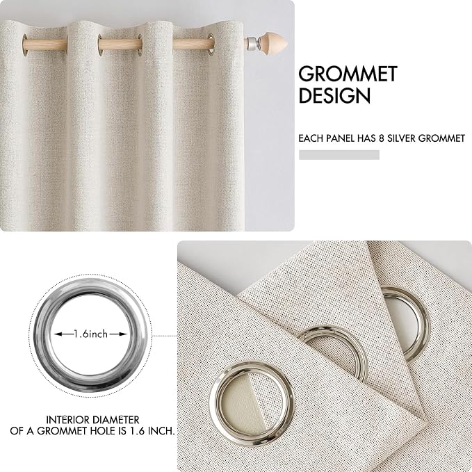 MIULEE Linen Curtains 100% Blackout for Bedroom Thermal Insulated Birch Grommet Room Darkening Curtains & Drapes for Living Room 52 x 72 Inch (2 Panels)